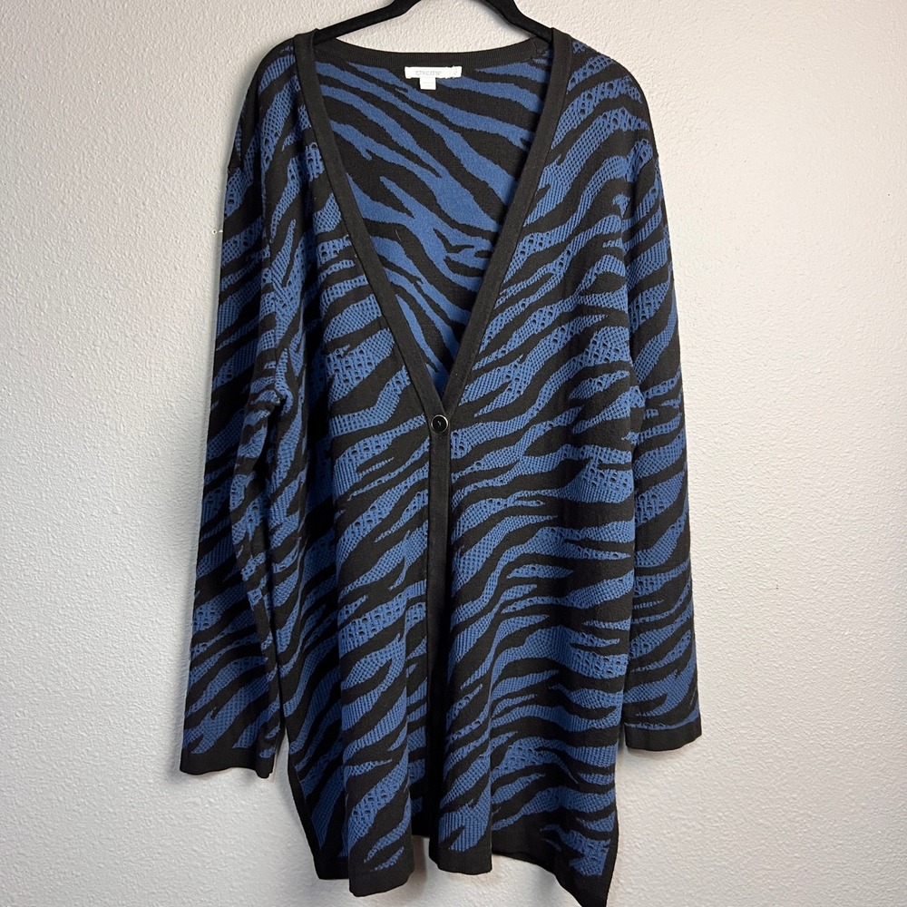 Chicos Zebra Animal Print Cardigan Blue Black Single Button Longline Sweater‎ 3X